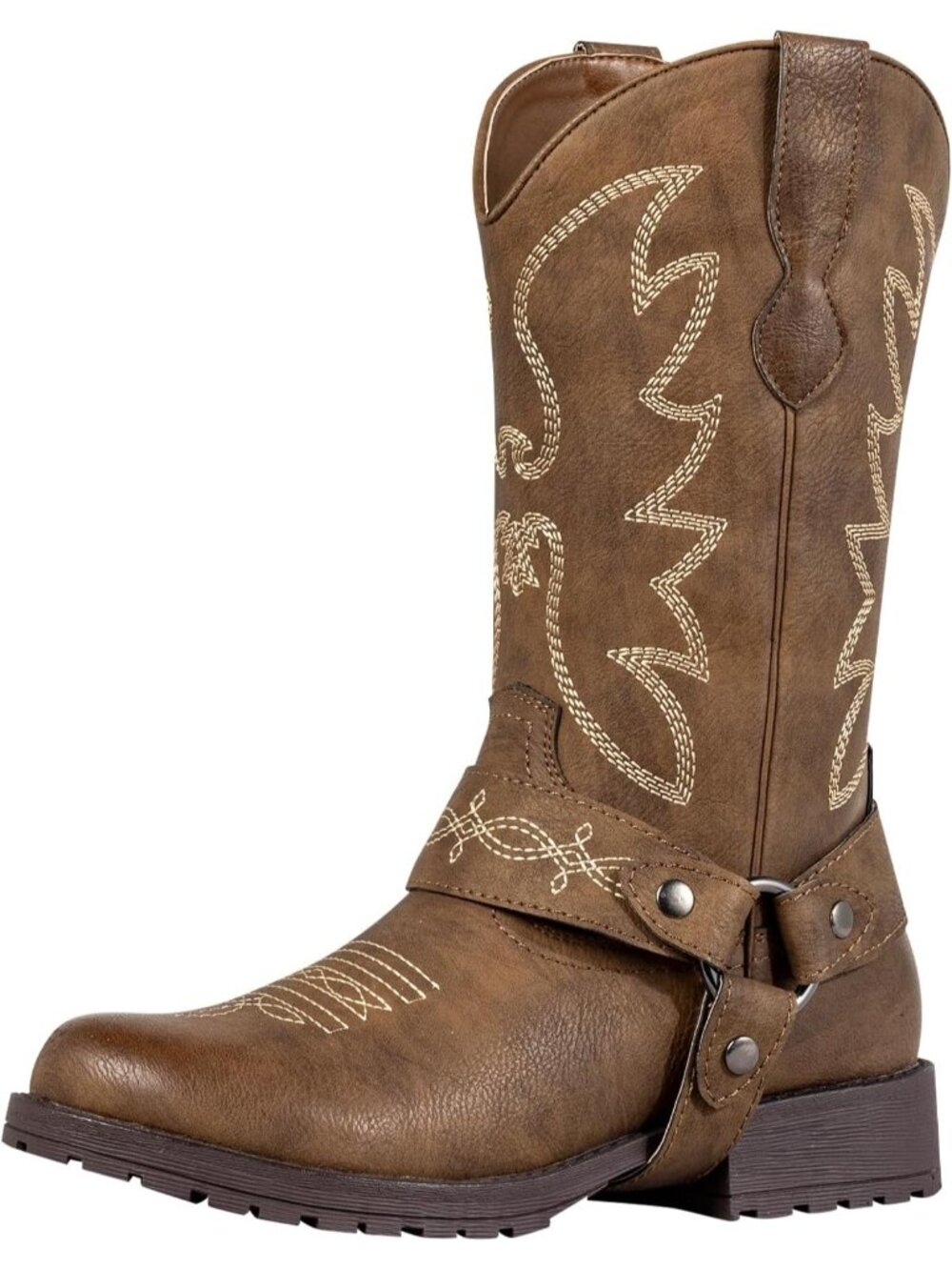 Women's Brown Round Toe Western Cowgirl Boots Mid Calf Retro Pull On Block Heels